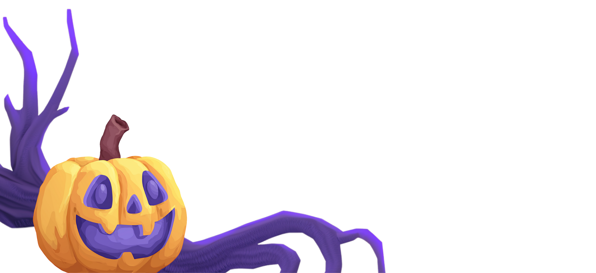 Illustration eines Kürbis mit Gesicht vor lila Baumwurzeln